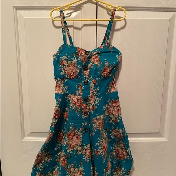 Dresses & Skirts - Teal Colour Floral Print Strappy Dress with Brown Buttons